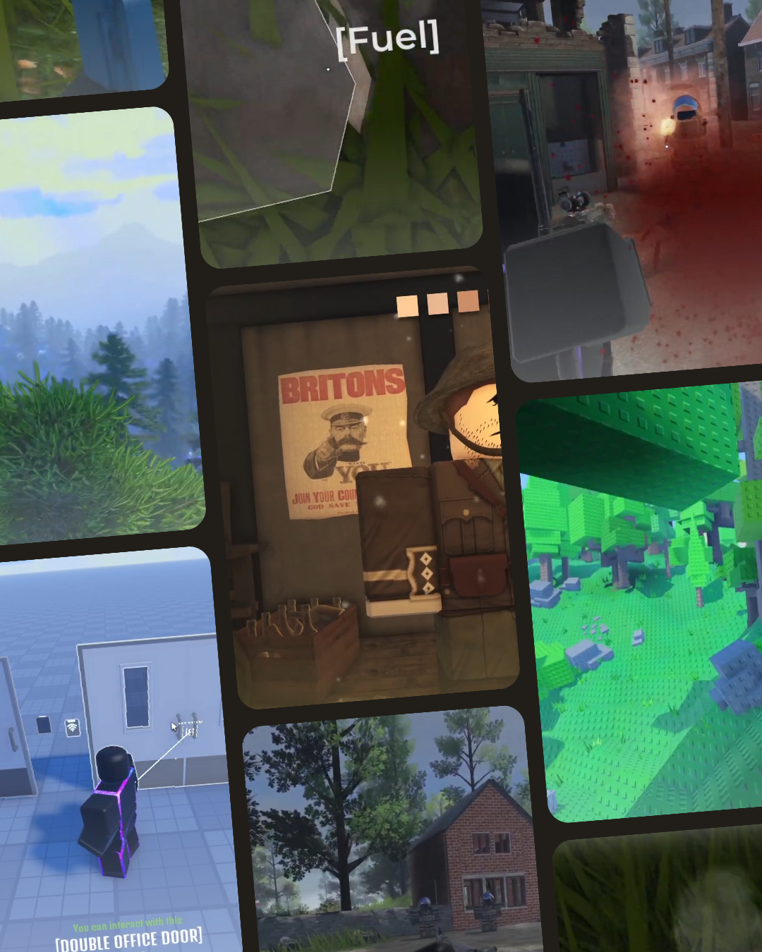 A collage of Roblox gameplay, environments, combat and interactive systems